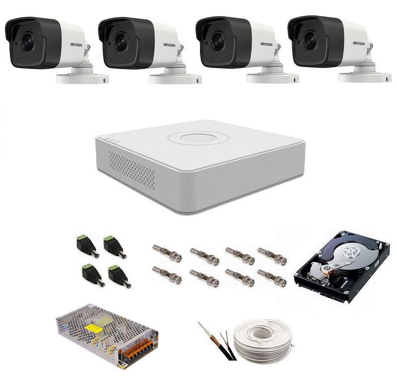 Sistem supraveghere complet Hikvision 4 camere 5 Mp, IR 20 m